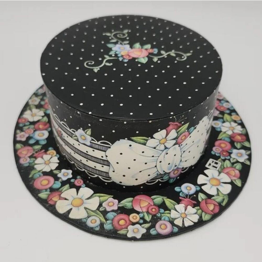 Mary Engelbreit Vtg 1998 Floral & Polka Dot Cardboard Hat Shaped Storage Box
